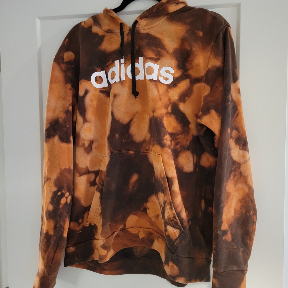 Large men's Adidas bleach dye black and orange hoodie